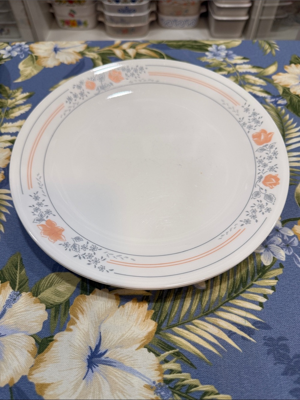 Four Corelle White Dinner Plates with Apricot pattern